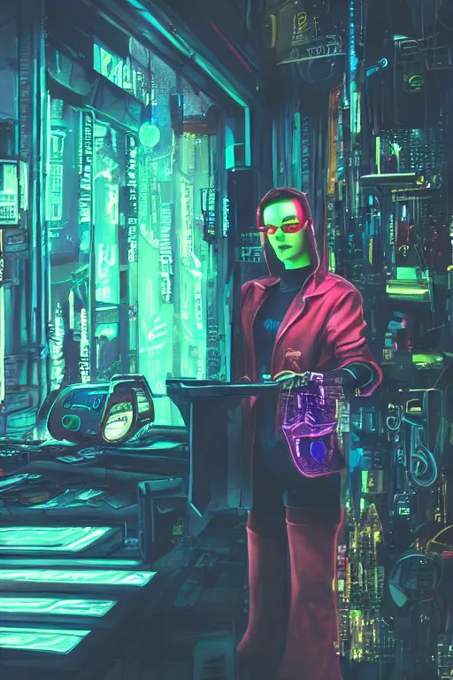 Prompt: cyberpunk shopkeeper, glow, sharp focus, beautiful, grunge, fantasy, cyber