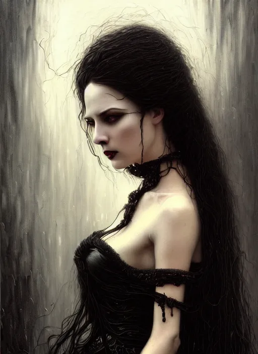 Prompt: highly detailed oil painting | very intricate | cinematic lighting | black, white and blood color scheme, dark background | portrait of a exquisite beautiful vampire woman with long elegant tangles of black hair, eyes, gothic fog ambience, hyper realistic head, fantasy victorian art, in the style of greg rutkowski, zdizslaw beksinski, intricate, alphonse mucha