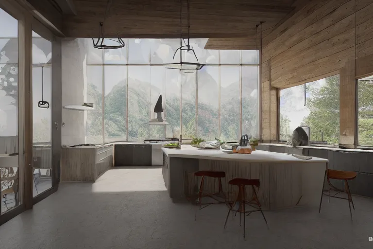 Image similar to solarpunk modern kitchen in a mountain mansion, liminal space, high detail, rendered in unreal engine, 3d render, god rays, volumetric lighting, HDR, subsurface scatter, mansion, interior, large windows, rich house