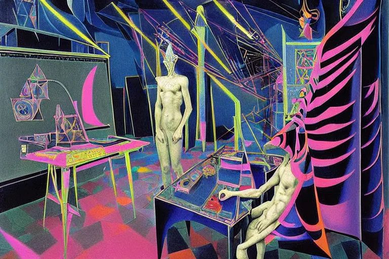 Image similar to a highly detailed beautiful masterpiece painting of a technomancer wizard in dazzle camouflage robes with pointed hood discussing sentience with his synthesized AI djinn hologram in his laboratory near a computer by Remedios Varo and Anato Finnstark and Greg Rutkowski and Andy Warhol and Francis Picabia, dayglo pink, dayglo blue, prismatic, pearlescent white, raven black, hyperrealism, 8k, trending on ArtStation, rendered in Octane, rendered in Unreal engine, award winning, volumetric lighting