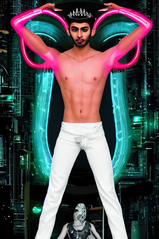 Image similar to full-body rococo and cyberpunk style neon statue of a muscular attractive Zayn Malik sim roupa macho dotado e rico android sim roupa reclining con las piernas abiertas e la piroca dura e afuera, glowing white laser eyes, prince crown of red gears, diamonds, swirling black-colored silk fabric. futuristic elements. full-length view. space robots. alien skulls. intricate artwork by caravaggio. Trending on artstation, octane render, cinematic lighting from the right, hyper realism, octane render, 8k, depth of field, 3D