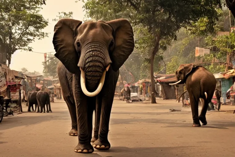 Prompt: cinematography elephant walking through Indian market by Emmanuel Lubezki