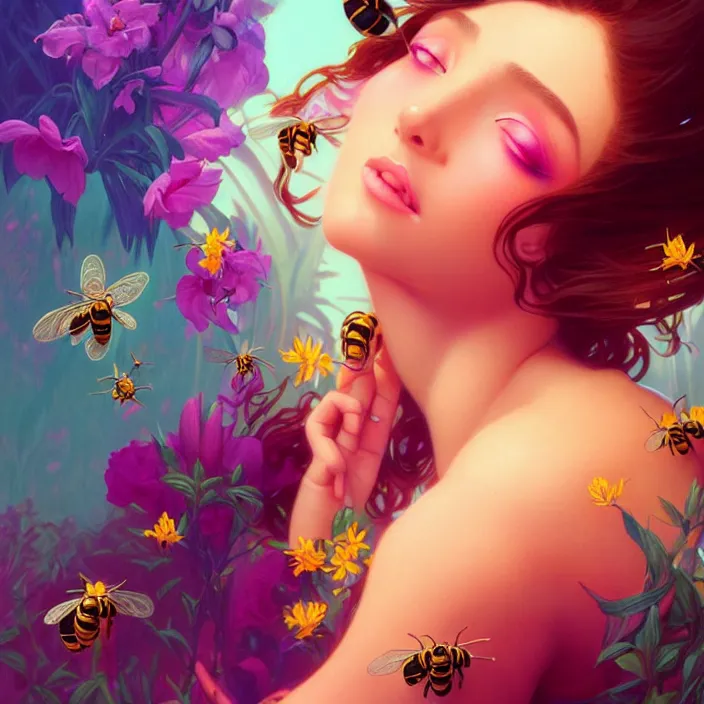 Image similar to young beautiful woman, gorgeous face, vaporwave aesthetic, synthwave, colorful, psychedelic, artstation, flowers, bees, concept art, smooth, extremely sharp detail, finely tuned detail, 8 k, unreal engine 5, ultra sharp focus, illustration, art by artgerm and greg rutkowski and alphonse mucha