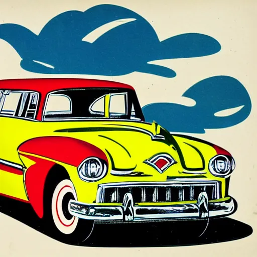 Prompt: detailed cheerful color 1950s illustration of a car on fire