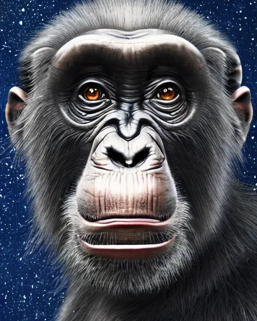 Image similar to very detailed high resolution illustration portrait of a chimpanzee head wearing a helmet, backlit, night covered in stars, surrounded, 3 d, 8 k, extremely detailed, artstation, award winning