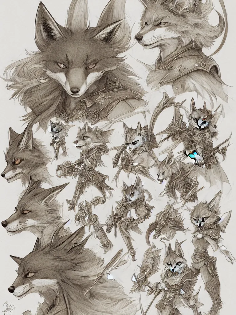 Image similar to heroic character design of anthropomorphic fox, whimsical fox, portrait, holy crusader medieval, final fantasy tactics character design, character art, whimsical, lighthearted, colorized pencil sketch, highly detailed, Akihiko Yoshida