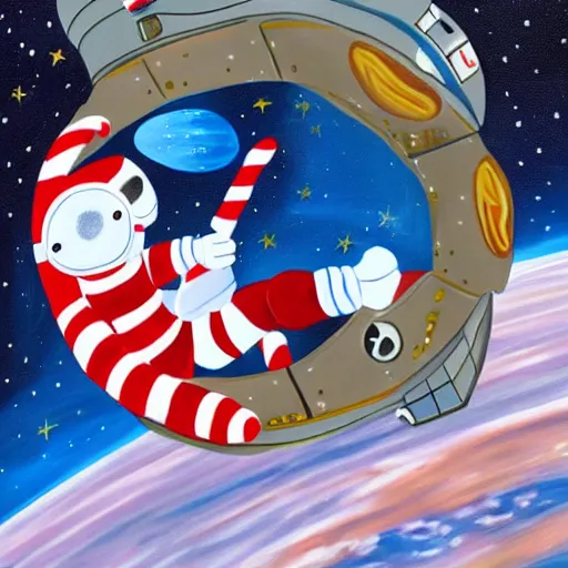 Prompt: painting of astronaut cat in space, candy canes in space, candy cane asteroid belt, candy canes flying in space, cat in astronaut suit in space