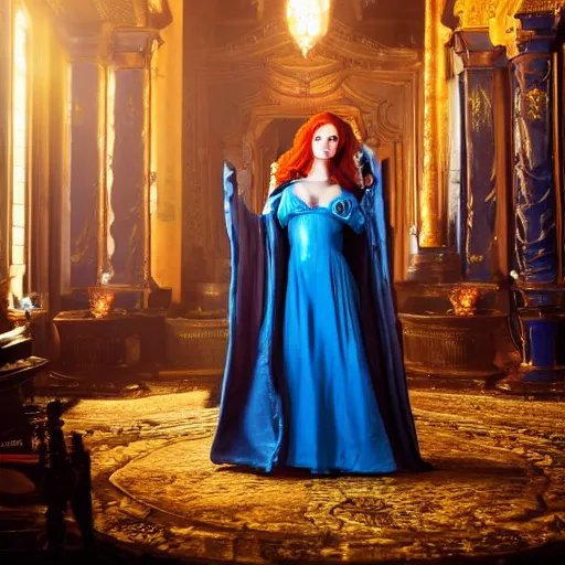 Prompt: Triss Merigold cosplay, beautiful ornate blue and gold robe, golden ornamental leaf shaped festoon, warmly lit posh study, cinematic dramatic lighting, gorgeous female model, unreal engine, cinematic film still, highly detailed