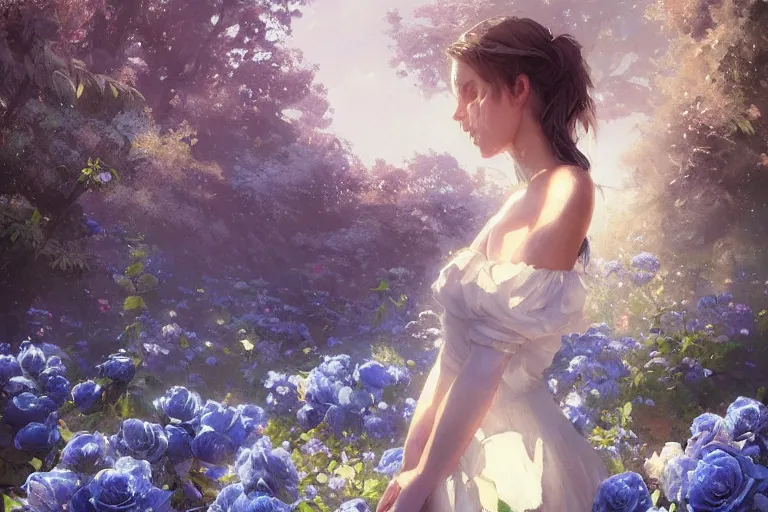 Image similar to a beautiful painting of blue roses garden, girl, by greg rutkowski, trending on artstation