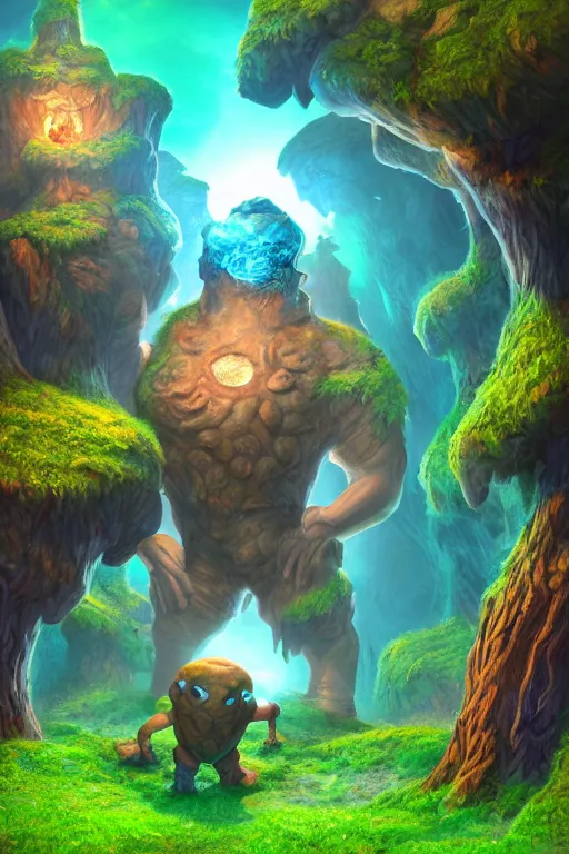 Image similar to arcane fantasy art giant golem elemental wood rock bastion forged gemstone enchanted forest troll, global illumination ray tracing hdr fanart arstation by sung choi and eric pfeiffer and gabriel garza and casper konefal lisa frank zbrush central hardmesh radiating a glowing aura