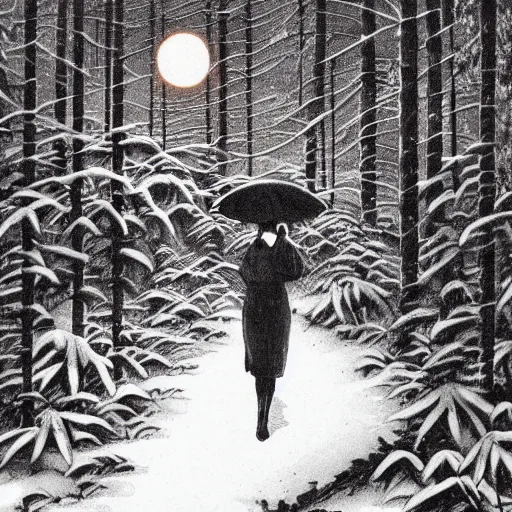 Prompt: geisha walking in the forest at night. full moon. hyper detailed. soviet propaganda. socialist realism. beautiful and eerie. it is snowing