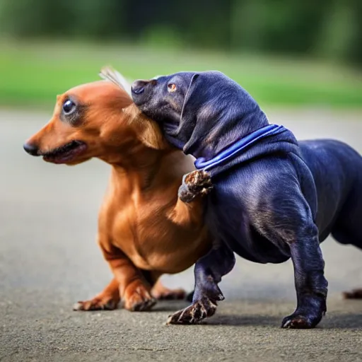 Prompt: A tardigrade and a daschund play together in a dog park