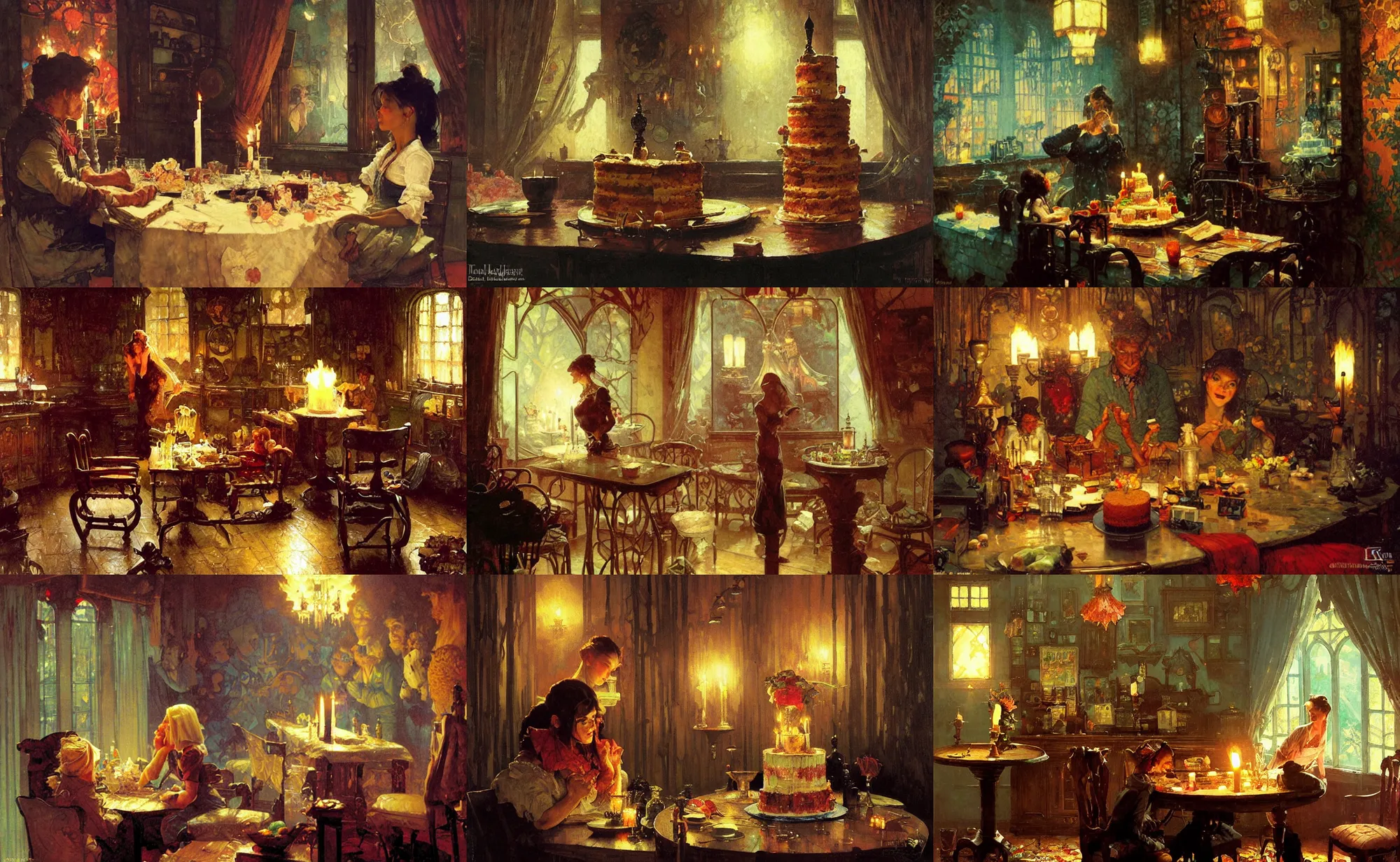 Prompt: The greatest cake, dark candle lit room, by greg rutkowski, thomas kinkade, loish, alphonse mucha, norman rockwell