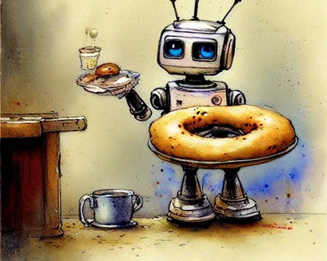 Image similar to a cute little robot in the kitchen baking bagels, holding a tray of bagels, watercolor painting by jean - baptiste monge, muted colors