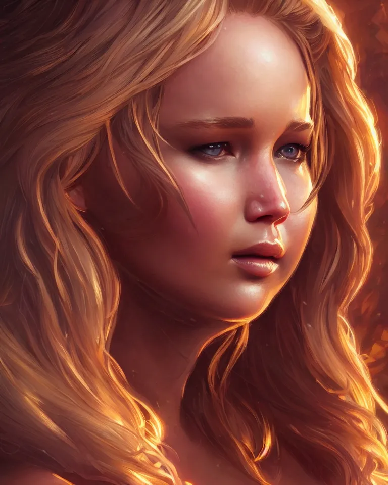 Image similar to Jennifer Lawrence, closeup, D&D, fantasy, intricate, elegant, highly detailed, digital painting, artstation, concept art, matte, sharp focus, illustration, hearthstone, art by Artgerm and Greg Rutkowski and Alphonse Mucha