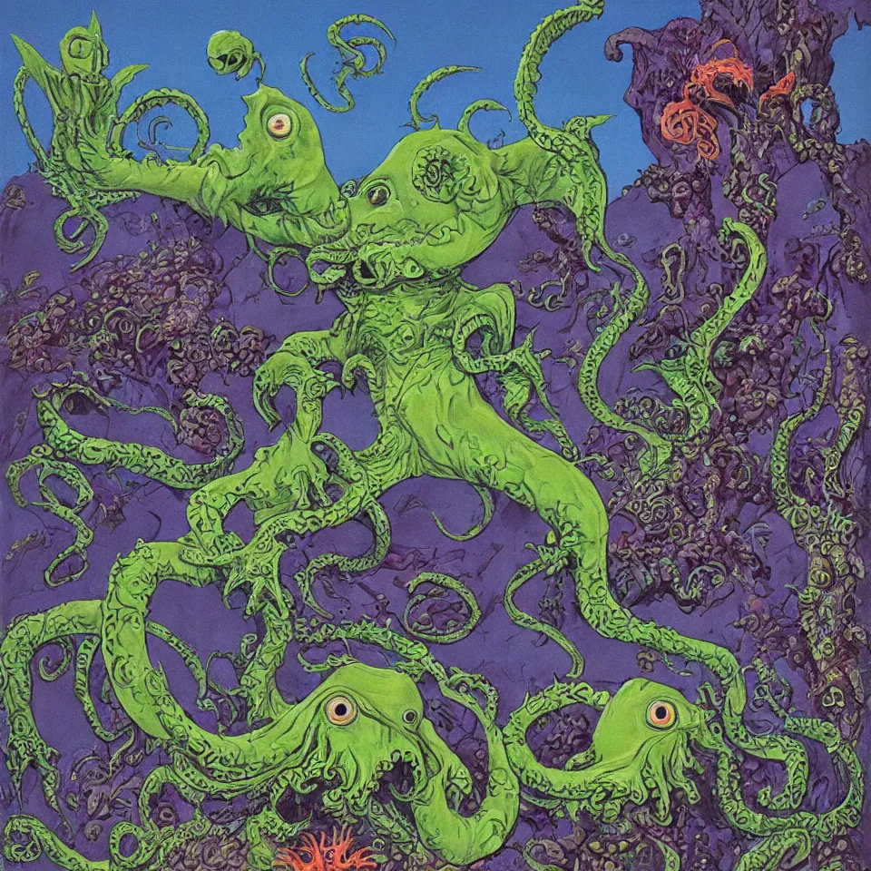 Image similar to art by roger dean. cute cthulhu icon avatar with a million eyes