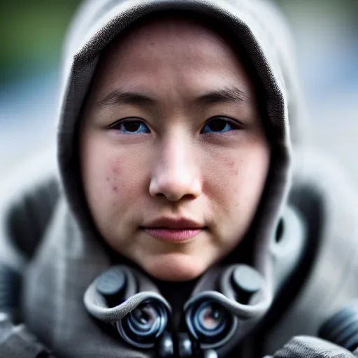 Prompt: photographic portrait of a poor techwear woman, closeup, sigma 85mm f/1.4, 4k, depth of field, high resolution, 4k, 8k, hd, full color