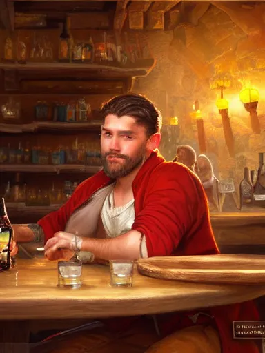 Prompt: a young handsome guy, drinking beer in a tavern. intricate, elegant, highly detailed, digital painting, artstation, concept art, sharp focus, illustration, by justin gerard and artgerm, 8 k