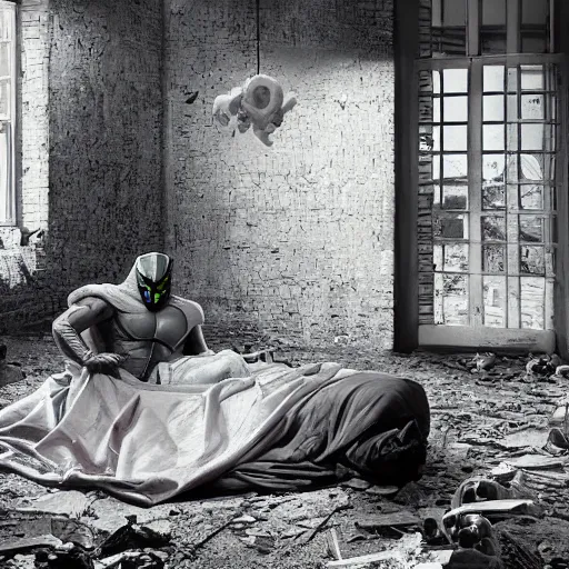 Prompt: Mysterio, artwork by Gregory Crewdson,