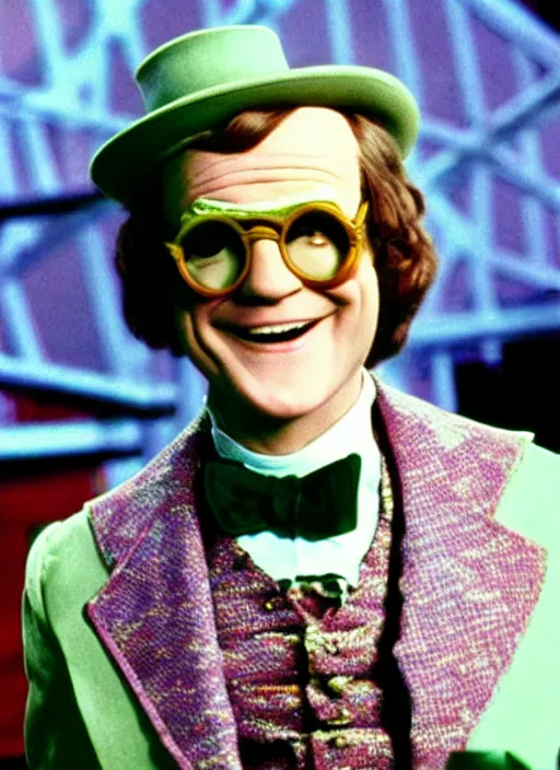 Image similar to “Film still close-up shot of David Letterman as Willy Wonka from the movie Willy Wonka & The Chocolate Factory. Photographic, photography, cinematic”