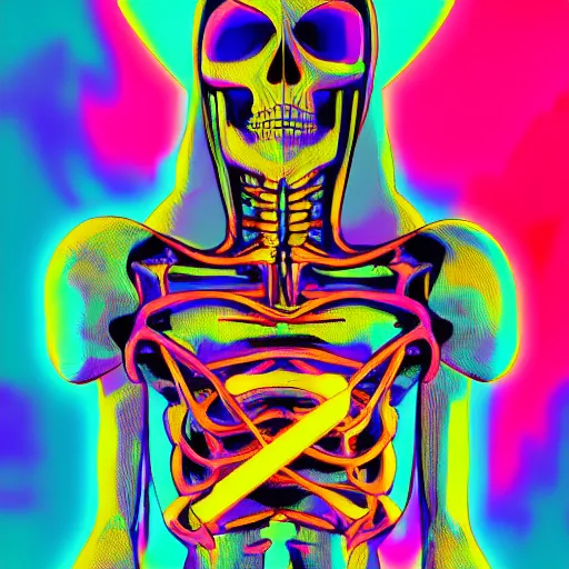 Prompt: skeletor, 1 0 0 0 bones, portrait, vaporwave, synthwave, neon, vector graphics, cinematic, volumetric lighting, f 8 aperture, cinematic eastman 5 3 8 4 film