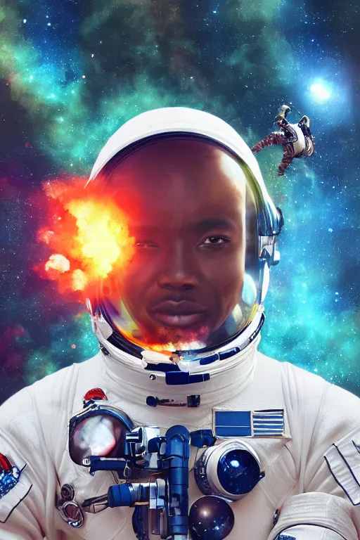 Image similar to cinematic action shot of a fit african-american male in an advanced spacesuit floating in front of exploding nebulae, detailed digital illustration trending on artstation by artgerm and rutkowski