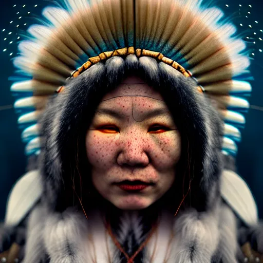 Image similar to a beautiful surreal illustration of an inuit shaman, highly detailed, liquid oilpaint, doug chiang, gustave dore, leonardo da vinci, trending on artstation, industry, lucid and intricate, rectilinear, digital art, octane, redshift, vray, 8 k, 6 4 megapixels, zbrush central, behance hd, hypermaximalist, well rendered