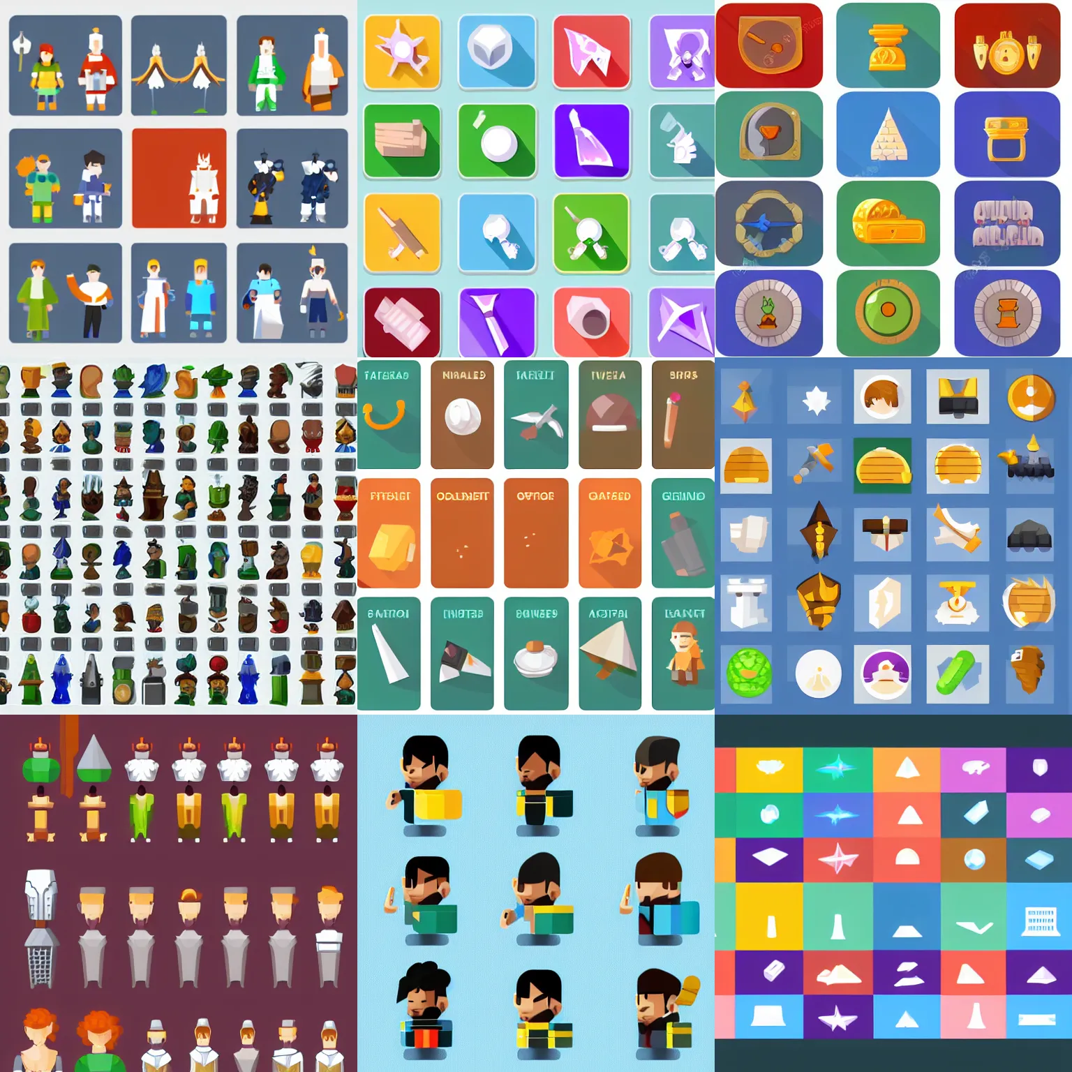 Prompt: sprite sheet flat design icons depicting different fantasy skill levels, neatly arranged in rows, white background