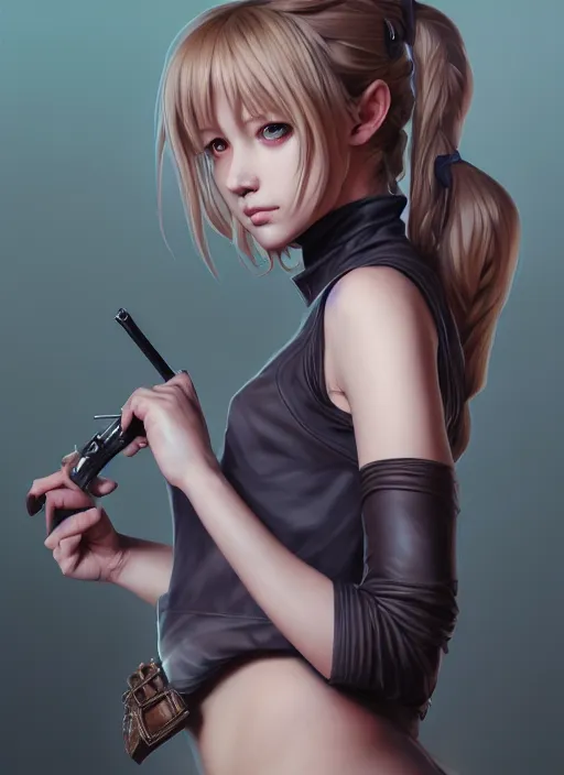 Image similar to portrait of a full body of beautiful young female detective, d & d, sleeveless turtleneck, fantasy, flat lighting, intricate, highly detailed, digital painting, artstation, concept art, smooth, sharp focus, illustration, misa amane, art by simon bisley and greg rutkowski and alphonse mucha, natural tpose