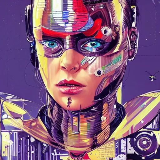 Prompt: female android by Sandra Chevrier and Dan Mumford