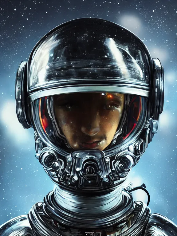 Image similar to portrait art of 8k ultra realistic retro futuristic cosmonaut, galaxy reflected helmet , detailed intricate ornate armour,blade runner, cybernetic, full of colour, cinematic lighting, battered, trending on artstation, 4k, hyperrealistic, focused, extreme details,unreal engine 5, cinematic, masterpiece, art by ayami kojima, giger