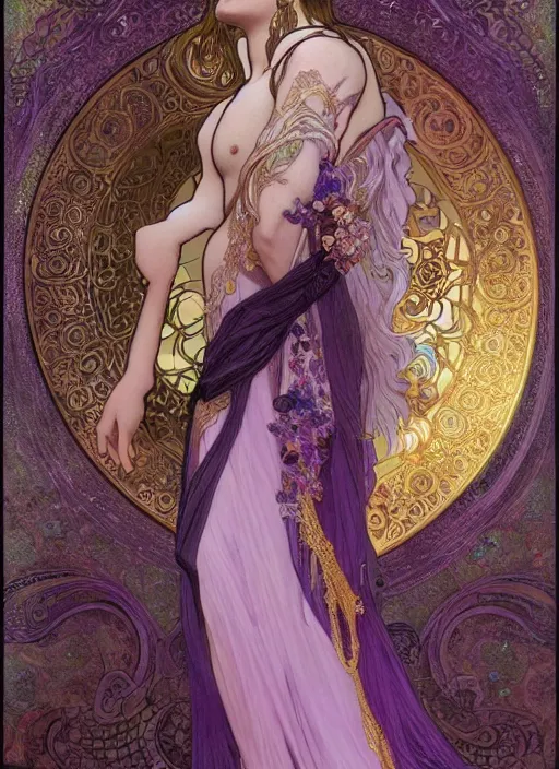 Image similar to thanatos, beautiful male god of death, long hair, wearing ornate silk and lace clothes, gold jewelry, moon, purple feathers, by Alphonse Mucha, by artgerm, super detailed, 8k