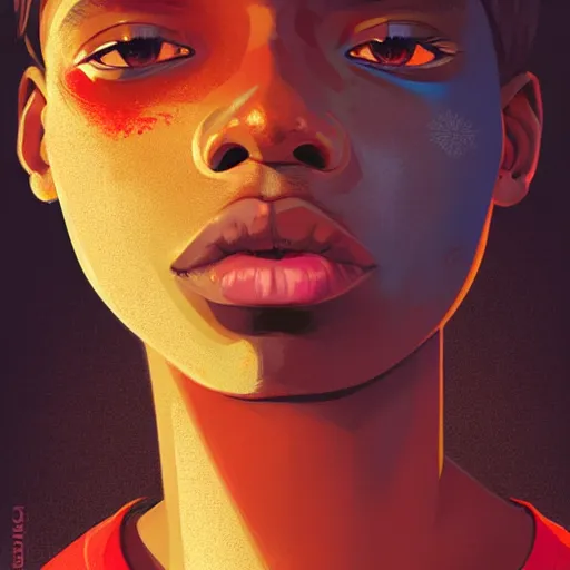 Image similar to colorful and festive captivating teenager with straight brown hair covering his eye, dark skin, big lips, big eyes, wearing a red t - shirt. rich vivid colors, ambient lighting, dynamic lighting, 4 k, atmospheric lighting, painted, intricate, highly detailed by charlie bowater