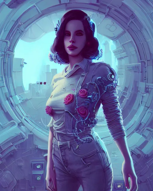 Image similar to portrait of lana del rey as a cyberpunk cyborg. roses, sci - fi, intricate abstract, upper body, intricate artwork, by tooth wu, wlop, beeple, dan mumford. concept art, 8 k octane render, deviantart, greg rutkowski, cinematic, key art, hyperrealism, iridescent accents