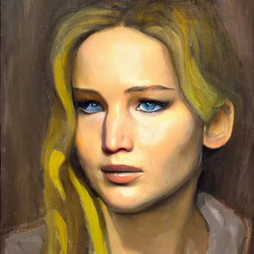 Prompt: Jennifer Lawrence. Oil on canvas by Balthus.