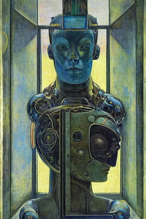 Image similar to the robot wearing his electric crown stands by the window at midnight , by Annie Swynnerton and Diego Rivera and Elihu Vedder, symbolist, dramatic lighting, elaborate geometric ornament, Art Brut, soft blues and greens,smooth, sharp focus, extremely detailed, Adolf Wölfli and Evelyn De Morgan