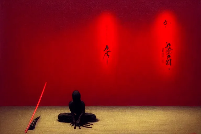 Image similar to only with red, a red samurai do seppuku, tokio, a lot of frogs watch, in the style of beksinski, parts by edward hopper, parts by rodcenko, parts by yue minjun, intricate and epic composition, red by caravaggio, insanely quality, highly detailed, masterpiece, red light, artstation, 4 k