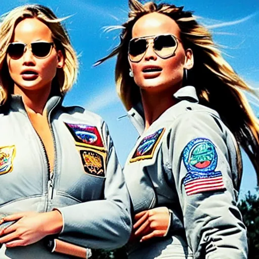 Image similar to promo photo of Jennifer Lawrence and Margot Robbie in new 2029 Top Gun reboot