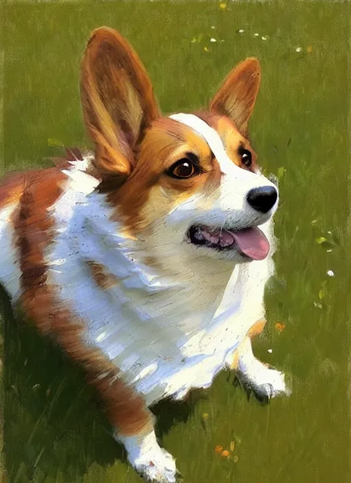 Image similar to Greg Manchess painting of an anthropomorphic Corgi, countryside, calm, fantasy character portrait, dynamic pose, above view, sunny day, artwork by Jeremy Lipkin and Giuseppe Dangelico Pino and Michael Garmash and Rob Rey, very coherent asymmetrical artwork, sharp edges, perfect face, simple form, 100mm