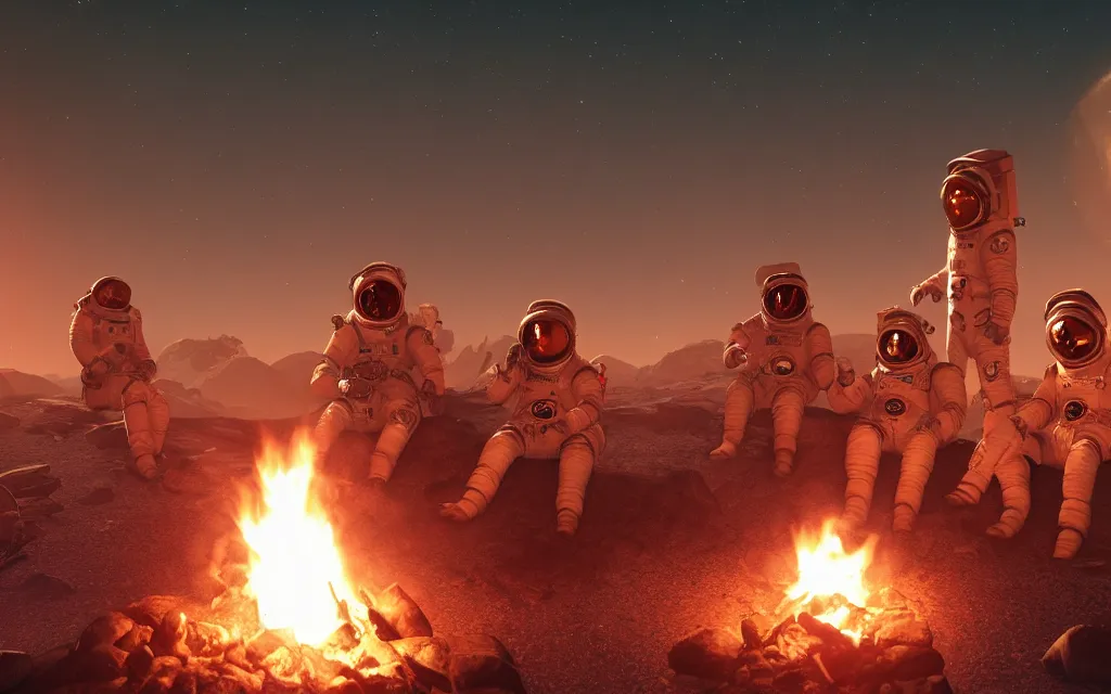 Prompt: Three astronauts sitting around a campfire on a desolate planet, digital art, 4k, ArtStation, epic composition, unreal engine