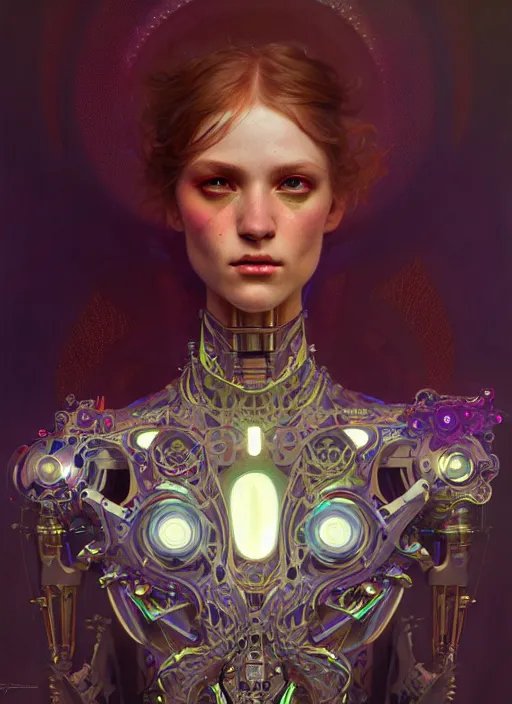 Image similar to psychedelic cyborg, diffuse lighting, fantasy, intricate, elegant, highly detailed, lifelike, photorealistic, digital painting, artstation, illustration, concept art, smooth, sharp focus, art by John Collier and Albert Aublet and Krenz Cushart and Artem Demura and Alphonse Mucha