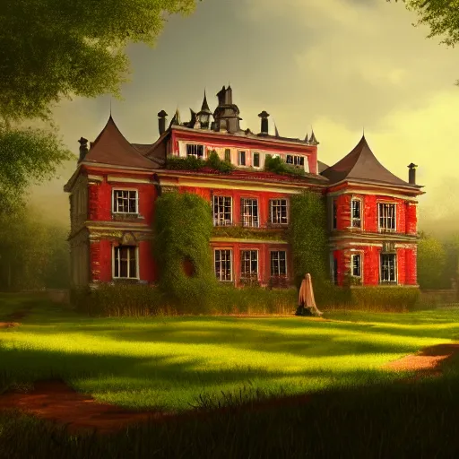 Prompt: matte painting of a countryside landscape of a noble estate with xix century manor. fantastical, elegant elaborate, red brick, opulent, verdant lawn. sharp focus, smooth detailed digital art trending in artstation