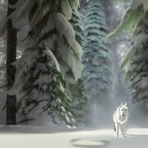 Prompt: a wholesome animation key shot of a white wolf in a snowy forest, medium shot, studio ghibli, pixar and disney animation, sharp, rendered in unreal engine 5, anime key art by greg rutkowski, bloom, dramatic lighting