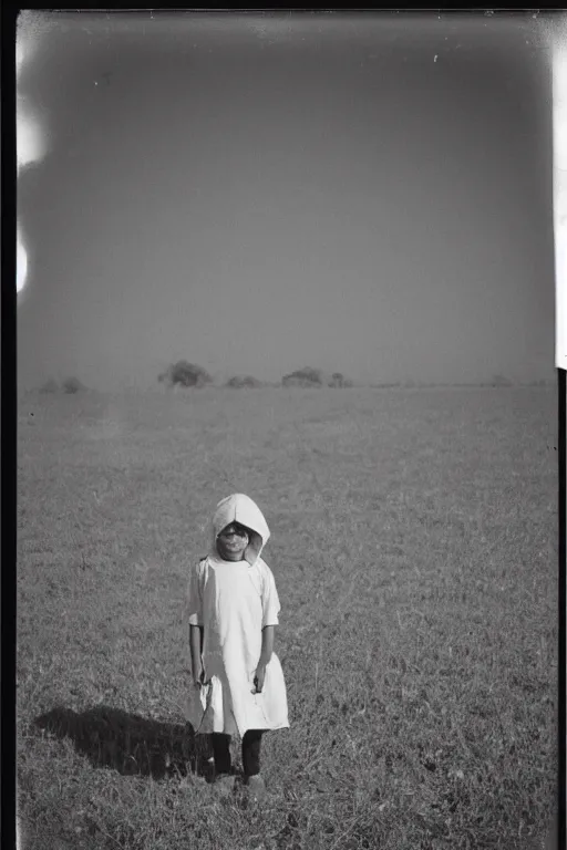 Image similar to photo polaroid of a sad and lonely child stands in the middle many tents of field hospitals, pandemic, covid,loneliness, black and white ,photorealistic, 35mm film,