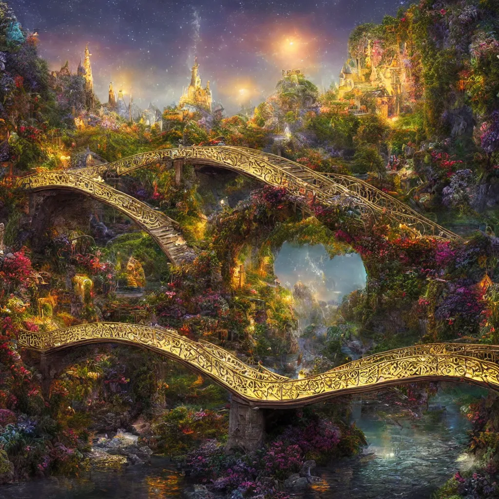 Image similar to 3 d high relief painting of fairyland bridge, outside of time and space, dreamy, romantic, night lighting, highly detailed, 8 k
