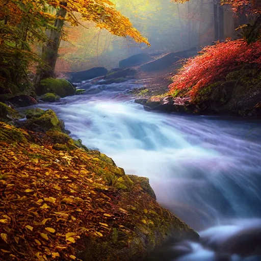 Image similar to beautiful mountain view next to a stream flowing, beautiful autumn morning, sunshine rays coming through the misty forest, ominous evil necromancer floating above the river staring at you. Magic realism hyperrealism photo-realistic lifelike maximalist psychedelic photography by Greg Rutowski and Keith Thompson 8k