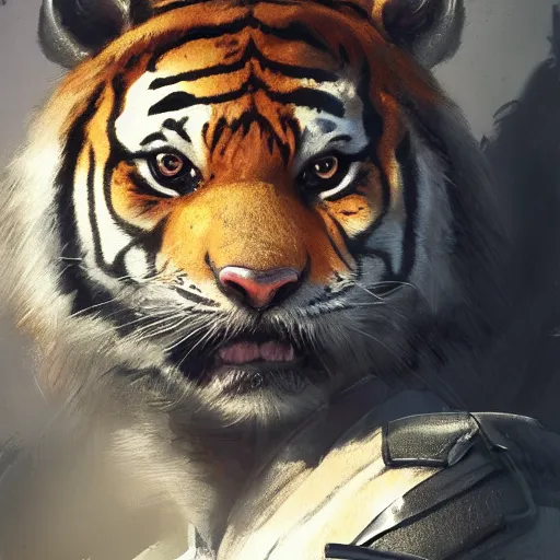 Image similar to portrait male anthro tiger dressed in military clothes character full body precis no blur, concept art, character sheet, nier automata, gaston bussiere, greg rutkowski, tsutomu nihei, cyberpunk, trending on artstation, featured on pixiv, hyper detail, cinematic composition, 8 k