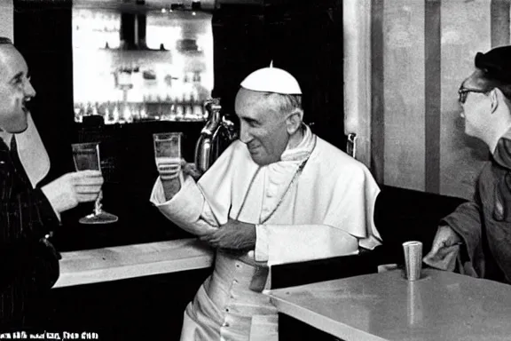 Prompt: a 1 9 5 0 s photo of the pope drinking at a bar