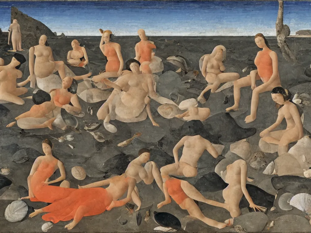 Prompt: Women and men sitting on the sand collecting sea sea shells and corals. Landscape sculpted by Henri Moore. Painting by Piero della Francesca, Morandi, Balthus