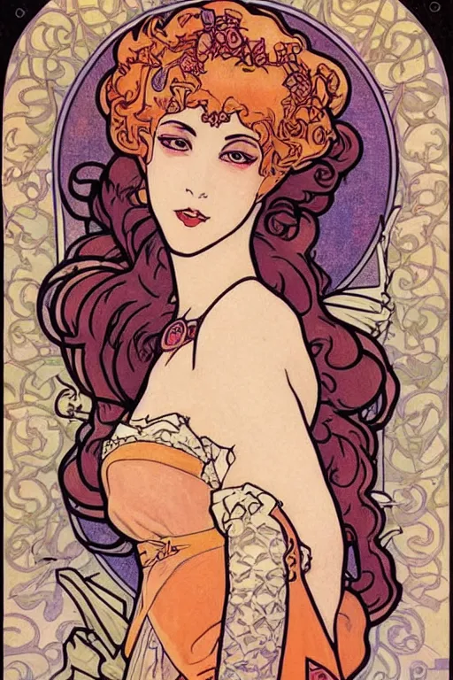 Image similar to full length art nouveau painting of princess - peach!!!!!!! by mucha, sharp edges, intricate line - work.